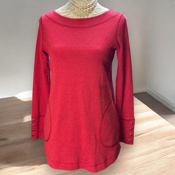 J. Jill XS Women Red Waffle Knit Tunic Top Long Sleeve Button Detail Casual Cozy - Picture 1 of 12